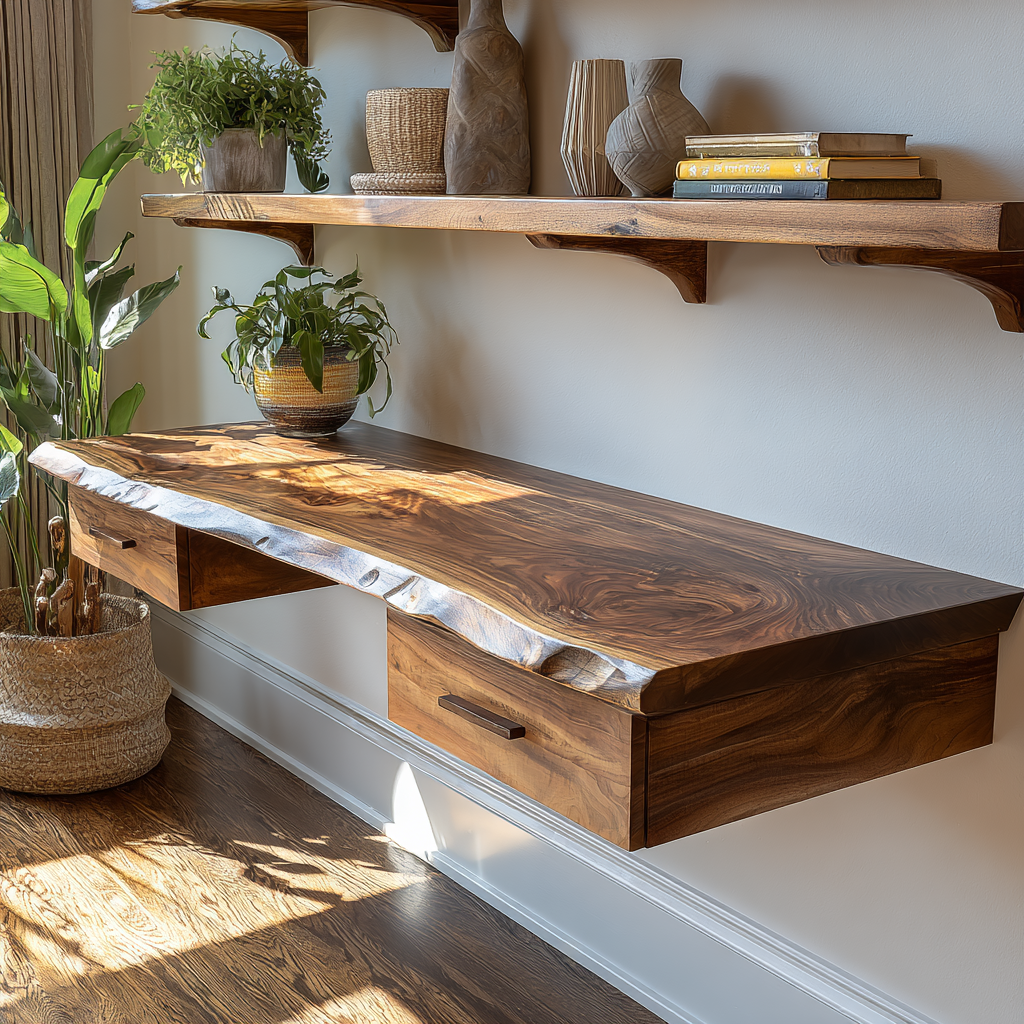 Aelric Live Edge Solid Wood Floating Desk with Drawers
