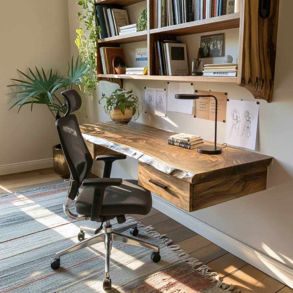 Aelric Live Edge Solid Wood Floating Desk with Drawers