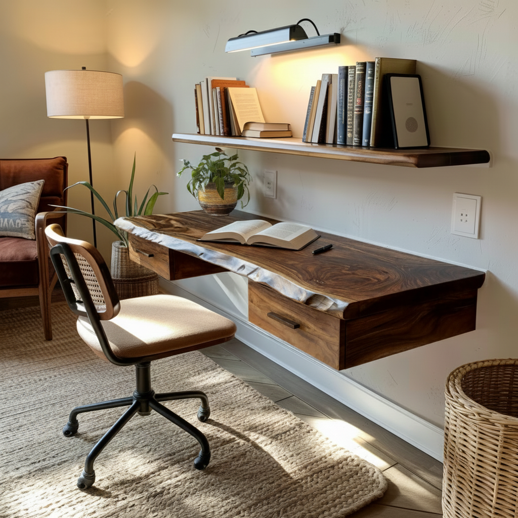 Aelric Live Edge Solid Wood Floating Desk with Drawers