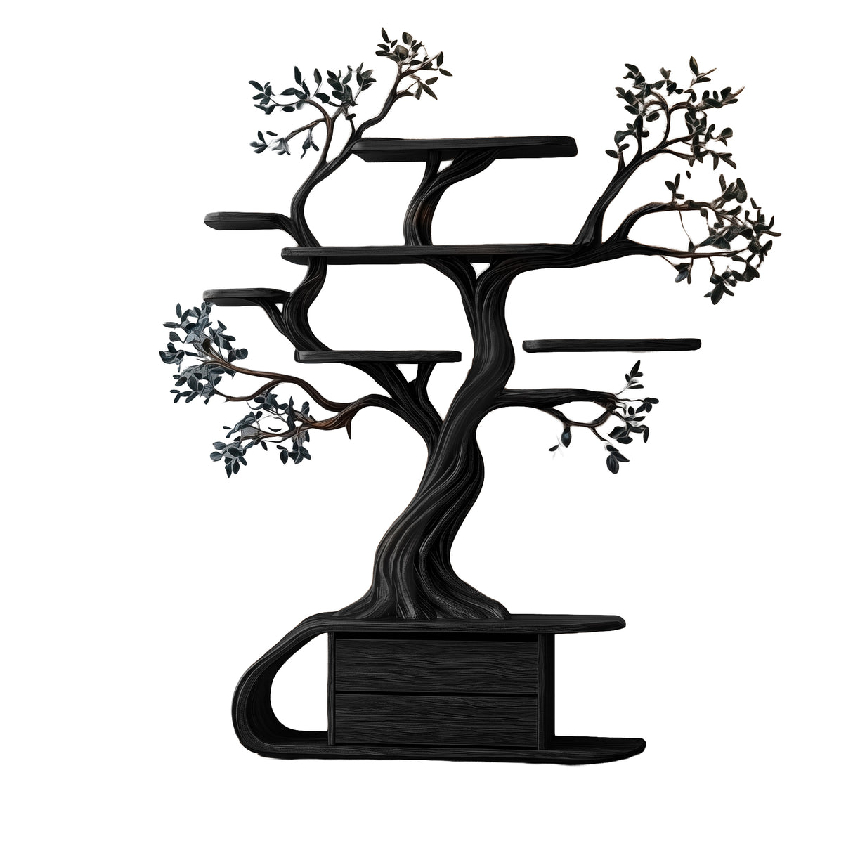 Aelthorin Sculpted Solid Wood Tree Bookshelf with Drawers Black - Timberustic Tree Bookshelf