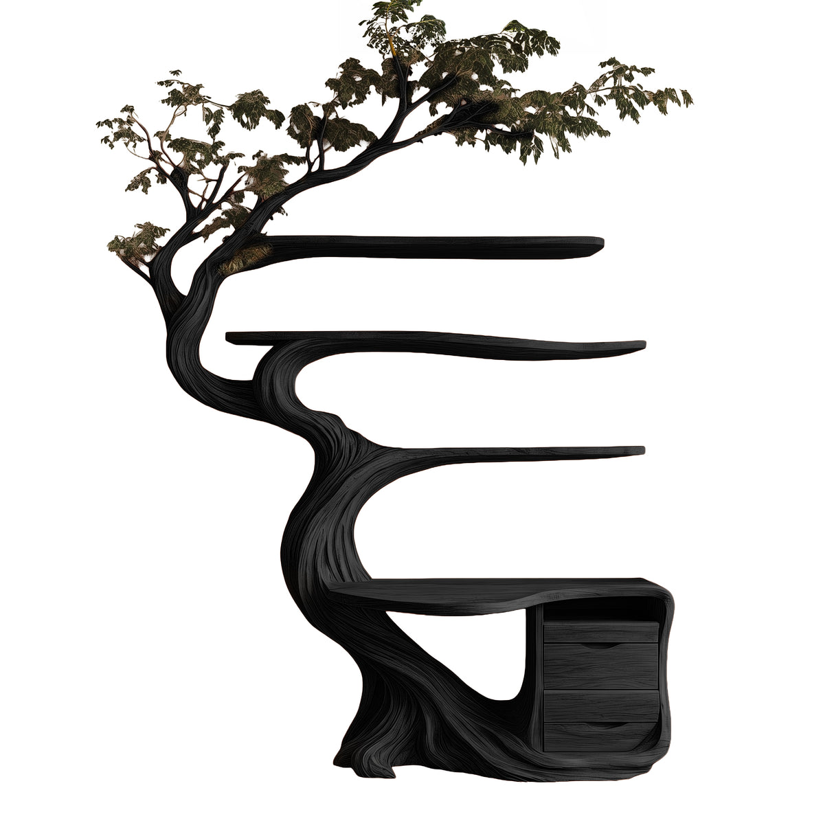 Aelthorn Organic Modern Tree Bookshelf with Drawers Black - Timberustic Tree Bookshelf