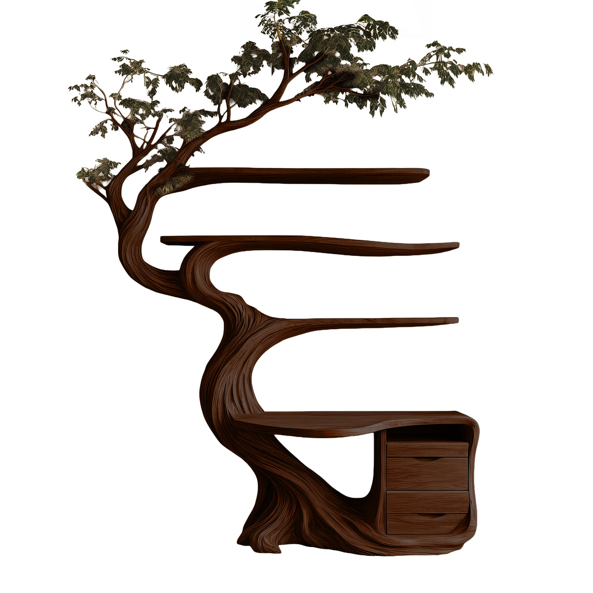 Aelthorn Organic Modern Tree Bookshelf with Drawers Dark Walnut - Timberustic Tree Bookshelf
