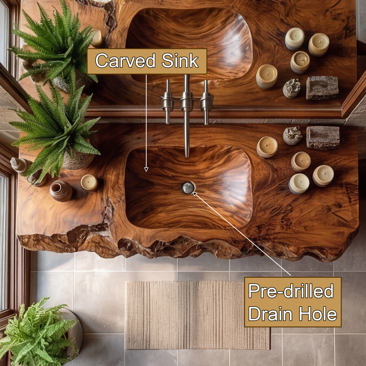 Alveric Sculpted Live Edge Solid Wood Floating Bathroom Vanity with Integrated Sink SPA365248 - Timberustic Floating Bathroom Vanity with Integrated Sink
