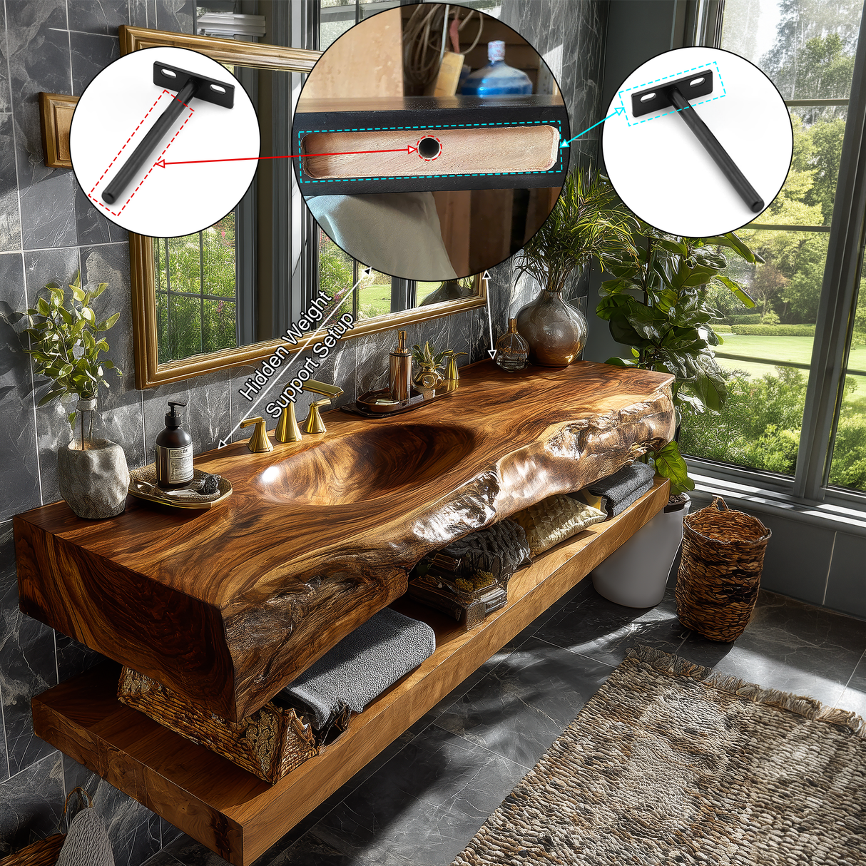 Alverin Live Edge Solid Wood Floating Bathroom Vanity with Integrated Sink SPA365012 - Timberustic Floating Bathroom Vanity with Integrated Sink