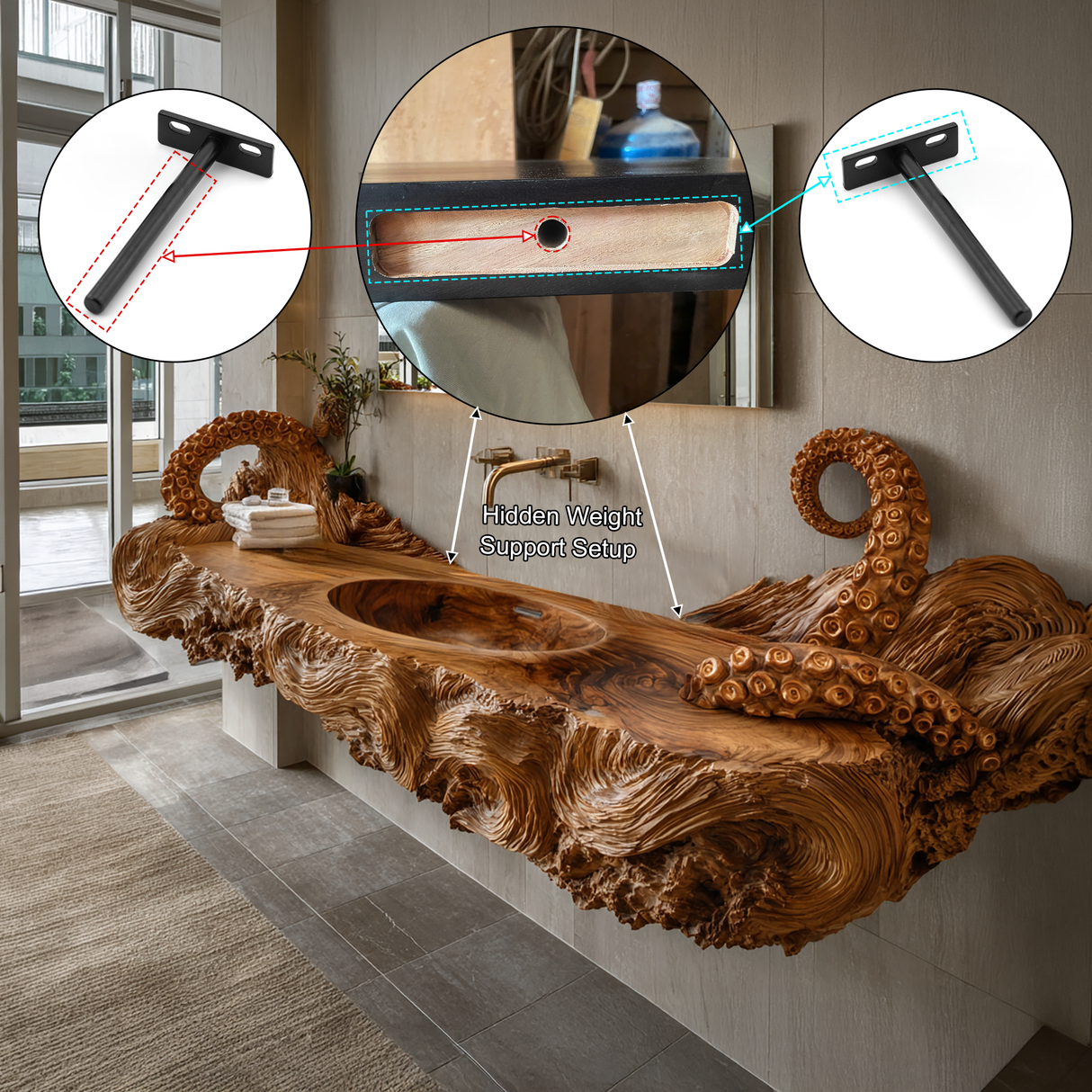 Aqualith Octopus Form Sculpted Solid Wood Floating Bathroom Vanity with Integrated Sink - Timberustic Floating Bathroom Vanity with Integrated Sink