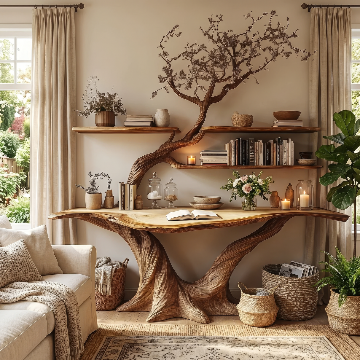 Arbelle Sculpted Solid Wood Console Table with Shelves - Timberustic Console Table with Shelves