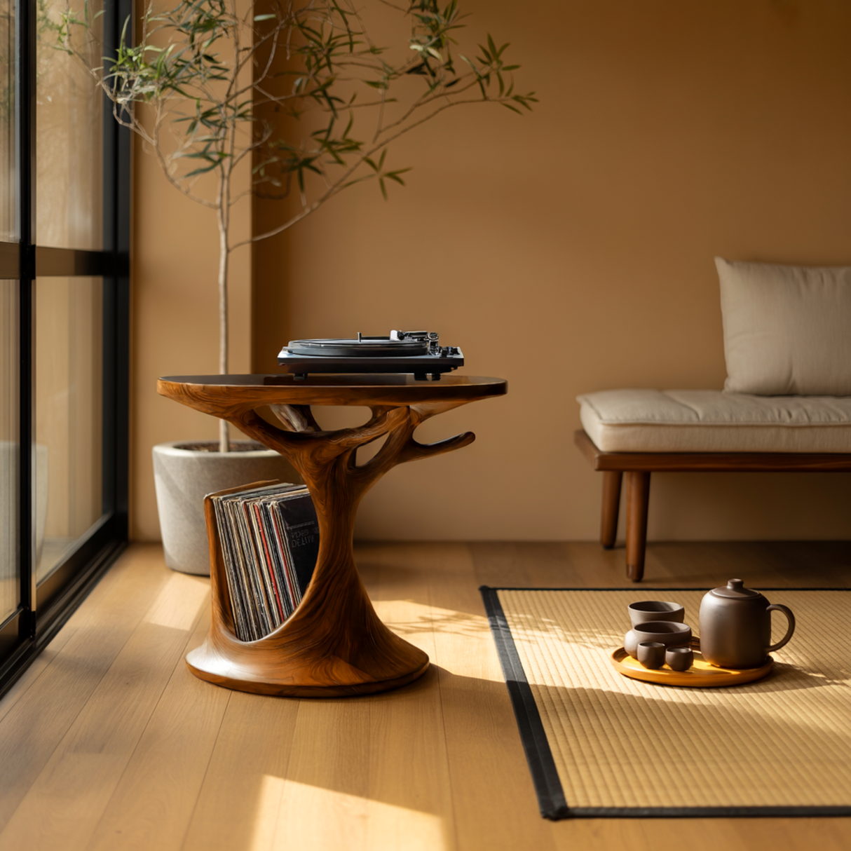 Arborea Treeform Sculpted Solid Wood Record Player Stand - Timberustic Record Player Stand With Storage