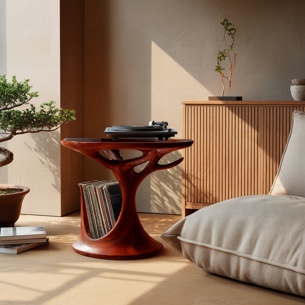 Arborea Treeform Sculpted Solid Wood Record Player Stand - Timberustic Record Player Stand With Storage