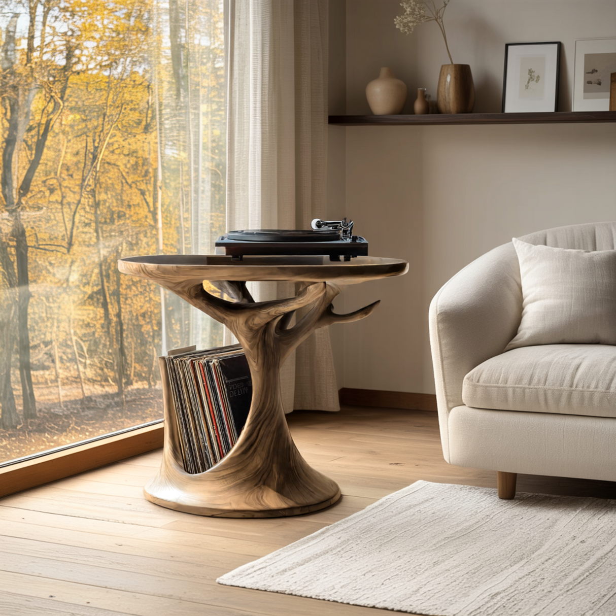 Arborea Treeform Sculpted Solid Wood Record Player Stand - Timberustic Record Player Stand With Storage