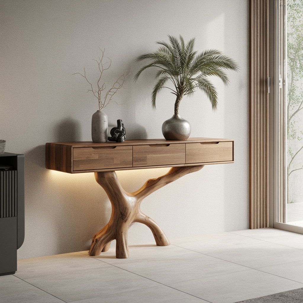 Arboris Branch-Leg Console Table with Modern Drawer Top