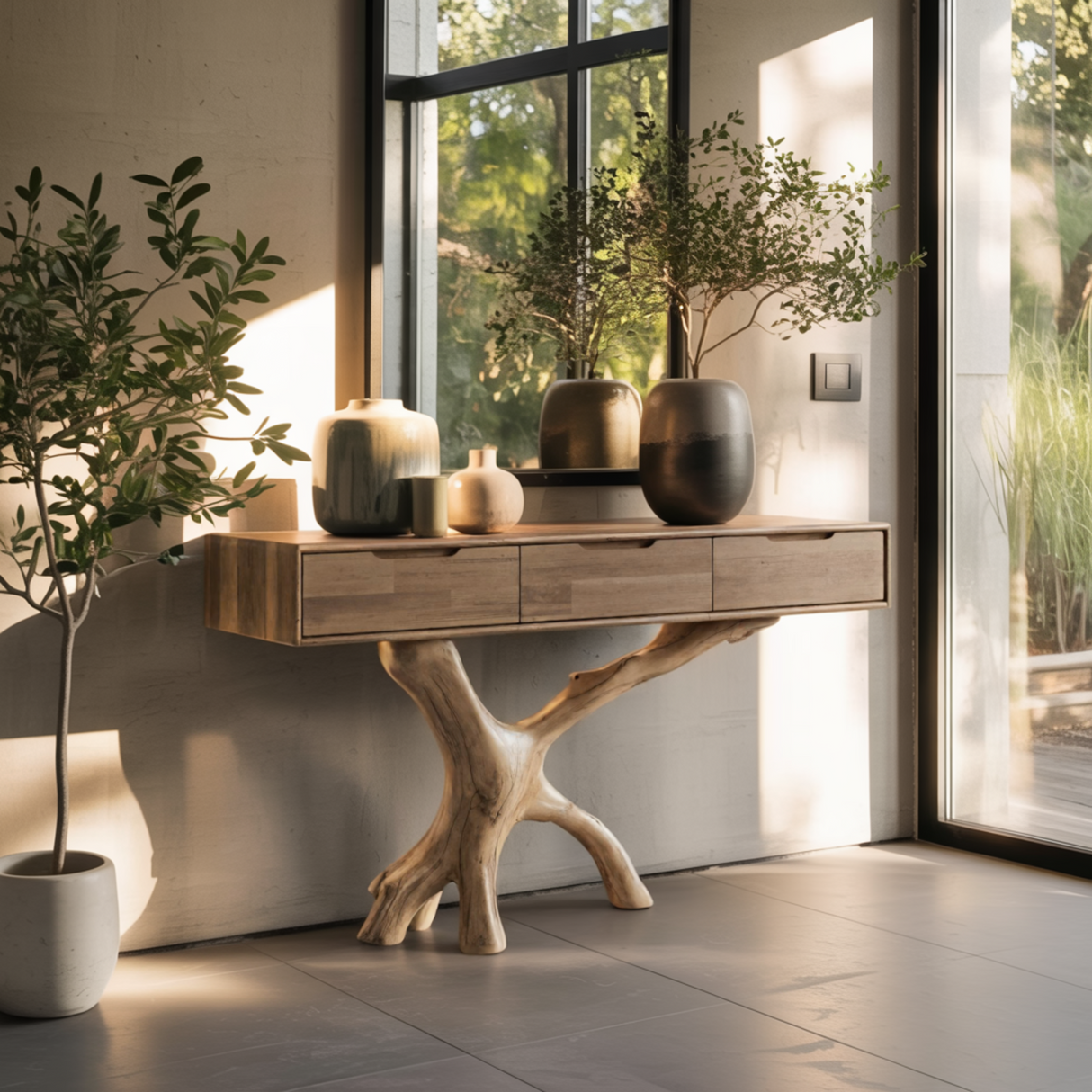 Arboris Branch-Leg Console Table with Modern Drawer Top