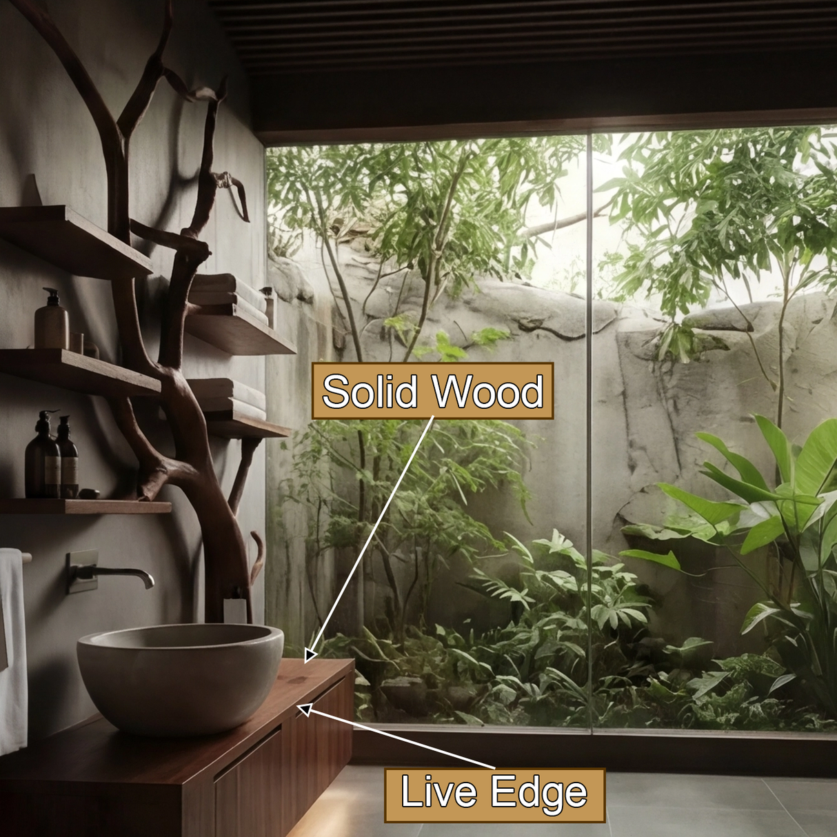 Arboris Organic Handcrafted Solid Wood Floating Bathroom Vanity with Branch Tree Shelves - Timberustic Floating Bathroom Vanity With Drawers