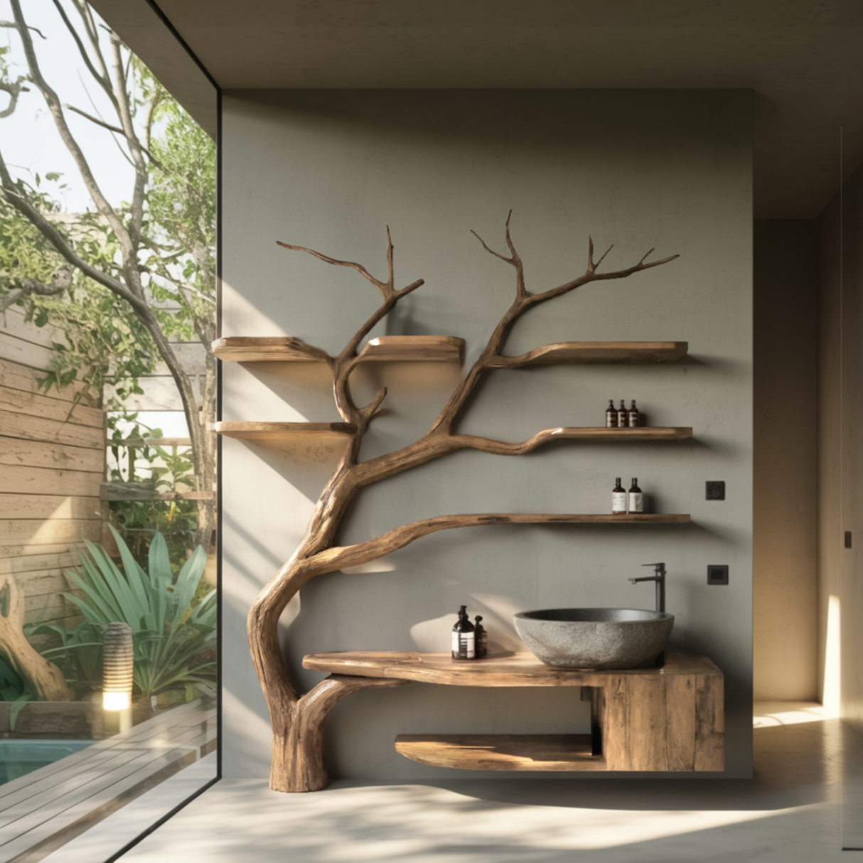 Arboris Organic Modern Solid Wood Bathroom Vanity with Tree Branch Shelfs