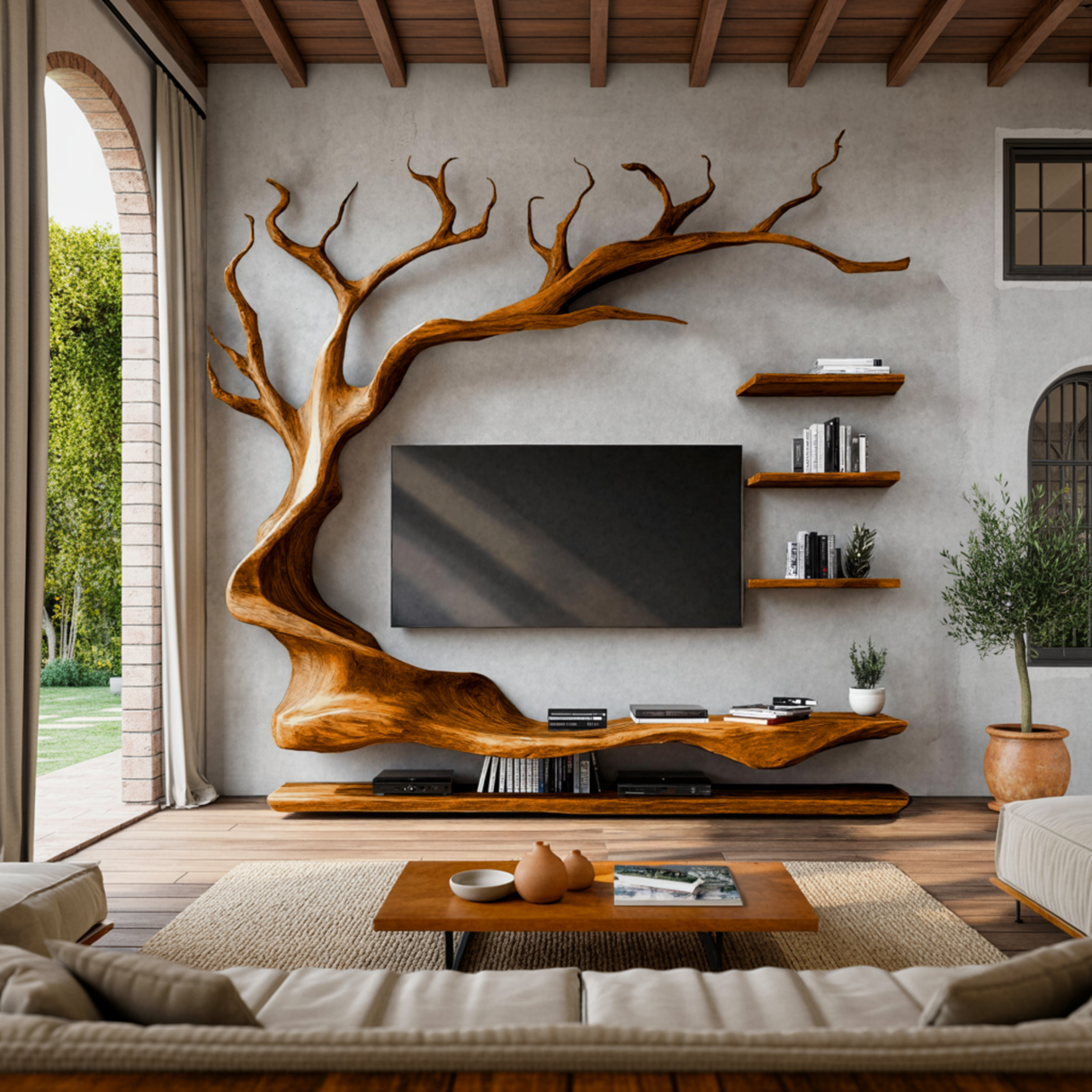 Arboris Tree Branch Live Edge Solid Wood TV Console - Timberustic TV Console with Tree Shelf