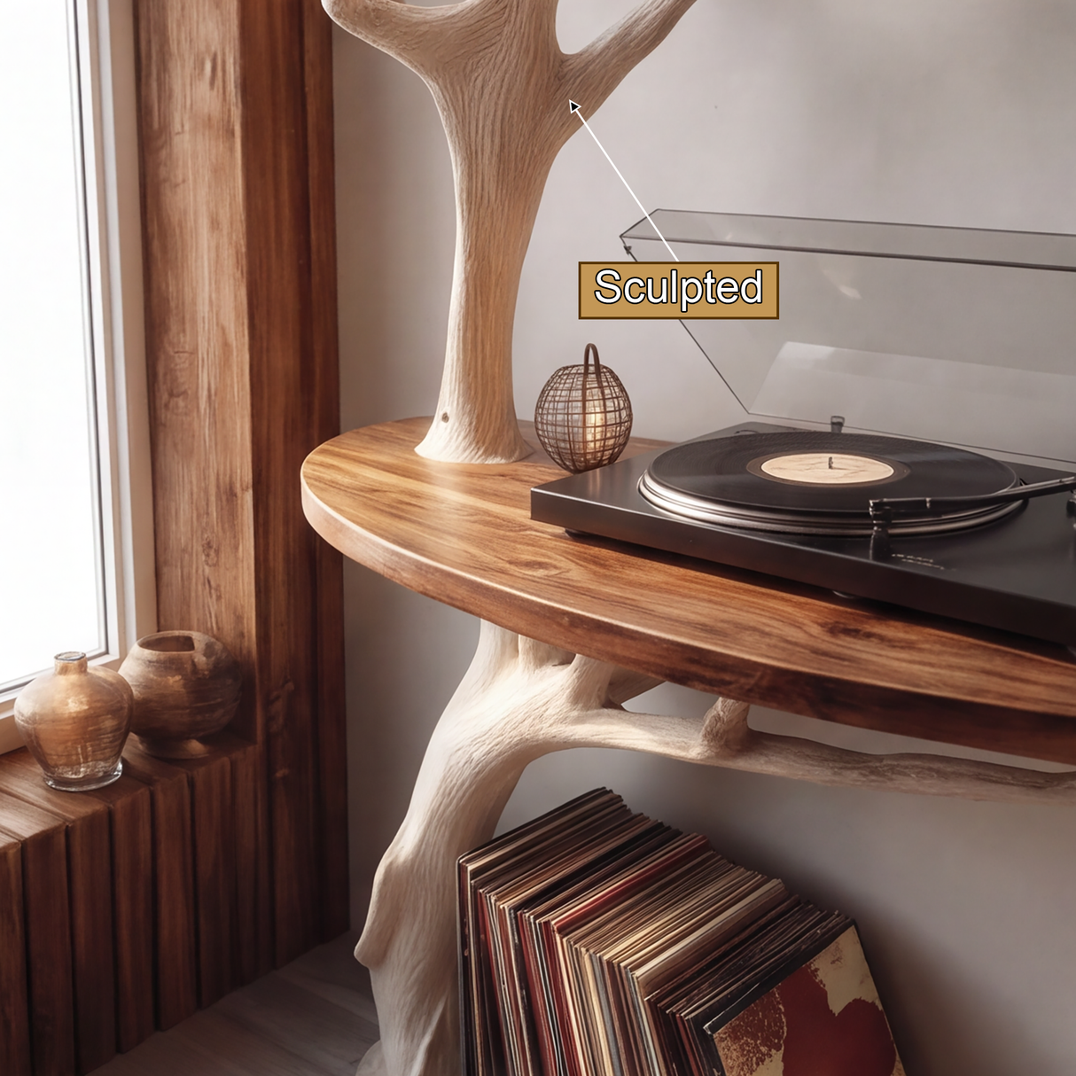 Arborveil Sculpted Solid Wood Record Player Stand - Timberustic Record Player Stand With Storage