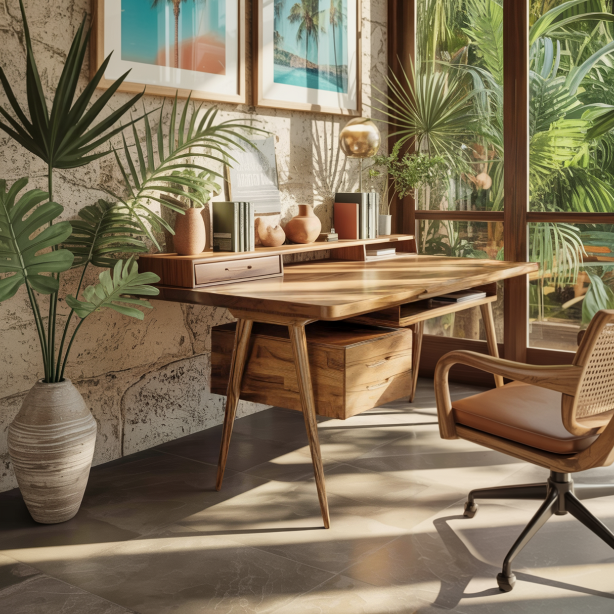 Arden Mid-Century Handcrafted Solid Wood Desk with Drawers