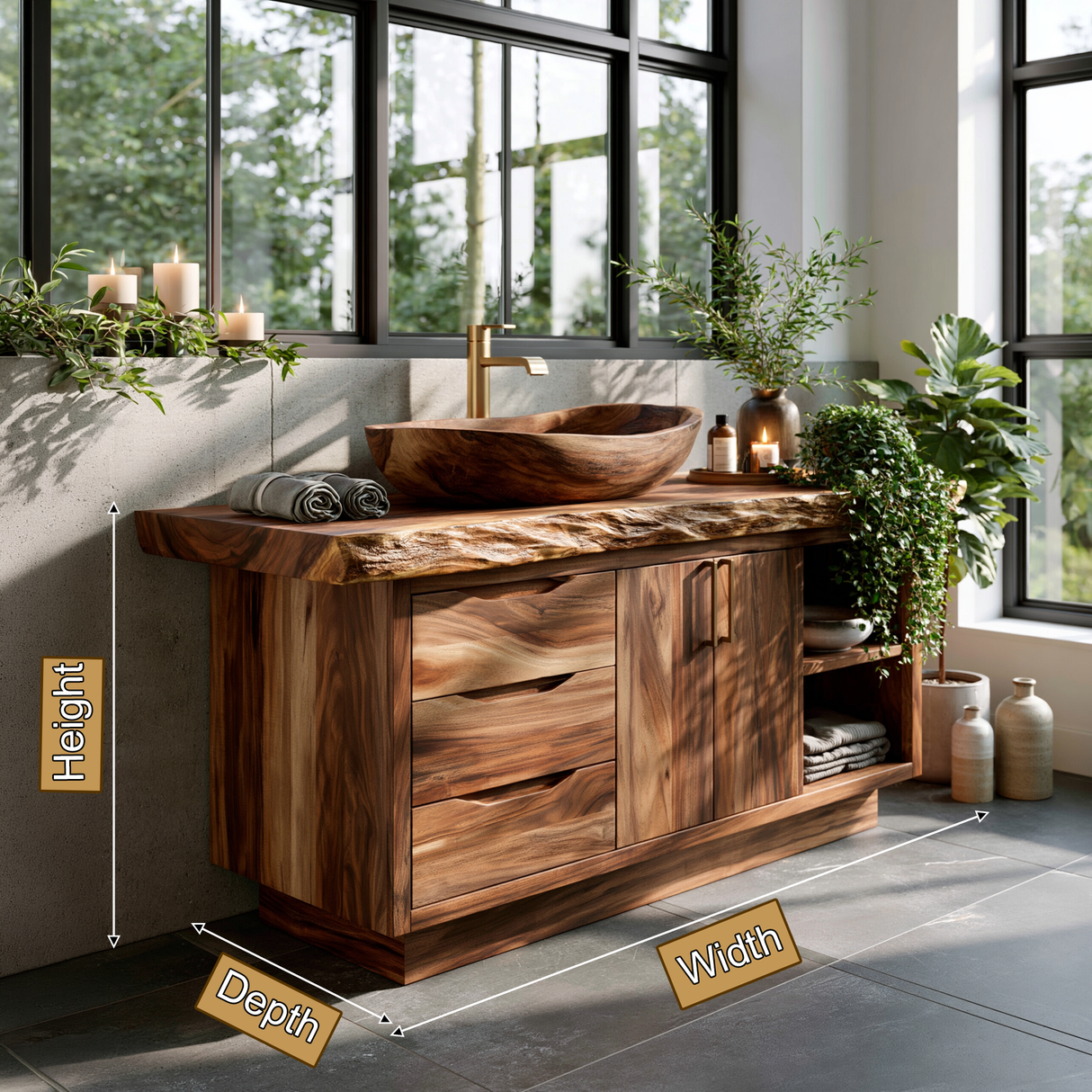 Ardenoak Live Edge Solid Wood Freestanding Bathroom Vanity with Drawers
