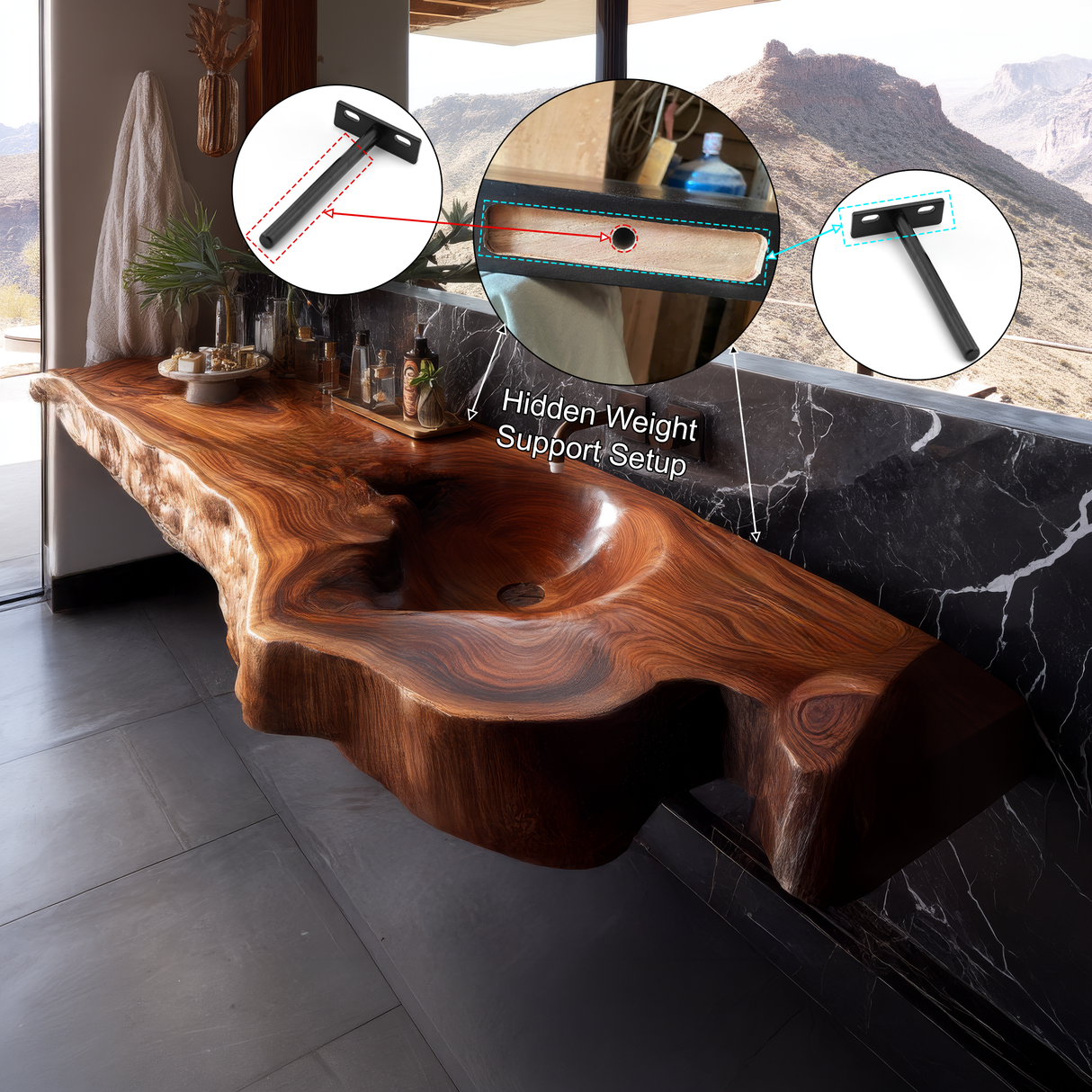 Ardento Sculpted Live Edge Solid Wood Floating Bathroom Vanity with Integrated Sink SPA353452 - Timberustic Floating Bathroom Vanity with Integrated Sink