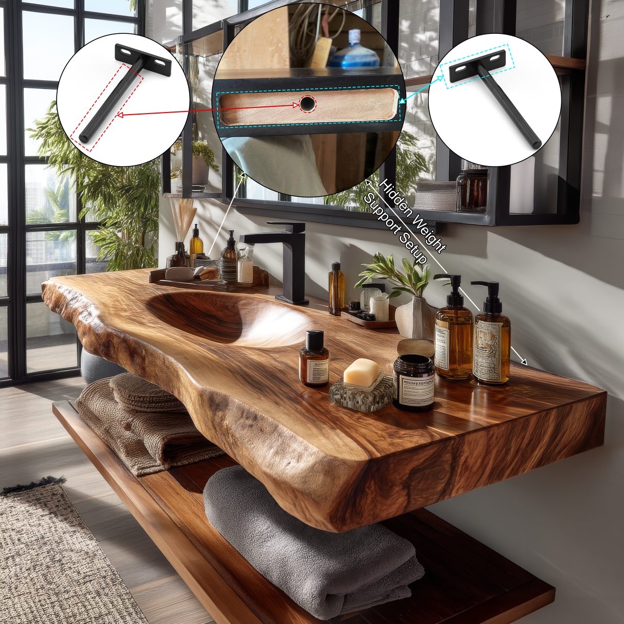 Arvion Live Edge Solid Wood Floating Bathroom Vanity with Integrated Sink SPA951365 - Timberustic Floating Bathroom Vanity with Integrated Sink