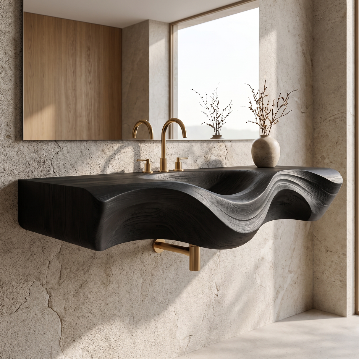 Asteron Handcrafted Solid Wood Floating Bathroom Vanity with Integrated Sink