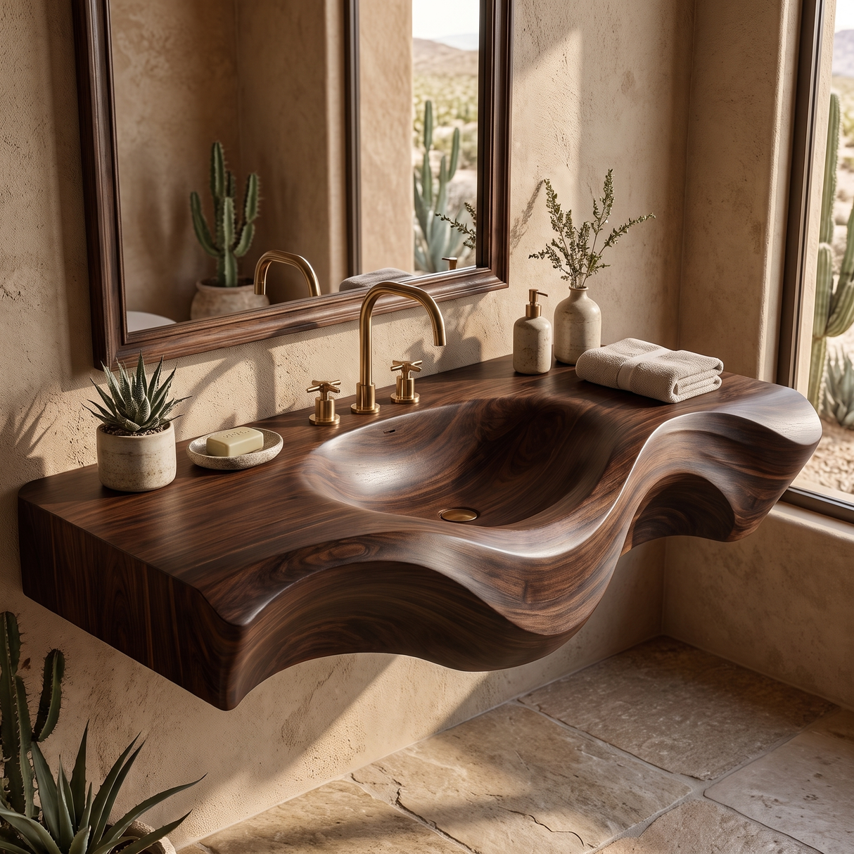 Asteron Handcrafted Solid Wood Floating Bathroom Vanity with Integrated Sink