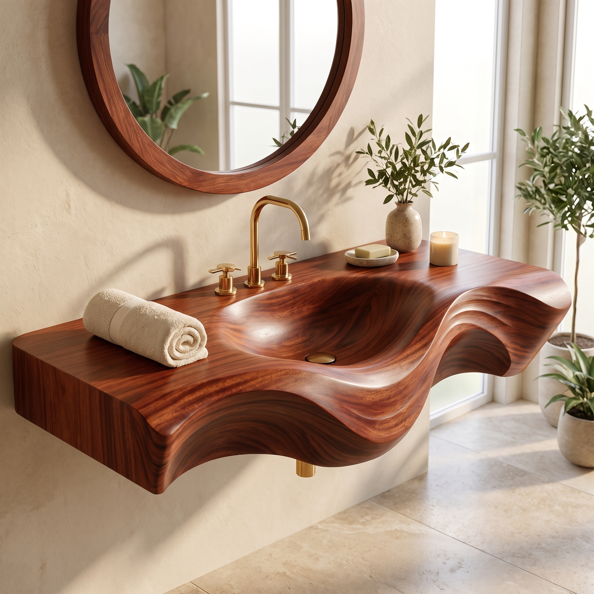 Asteron Handcrafted Solid Wood Floating Bathroom Vanity with Integrated Sink