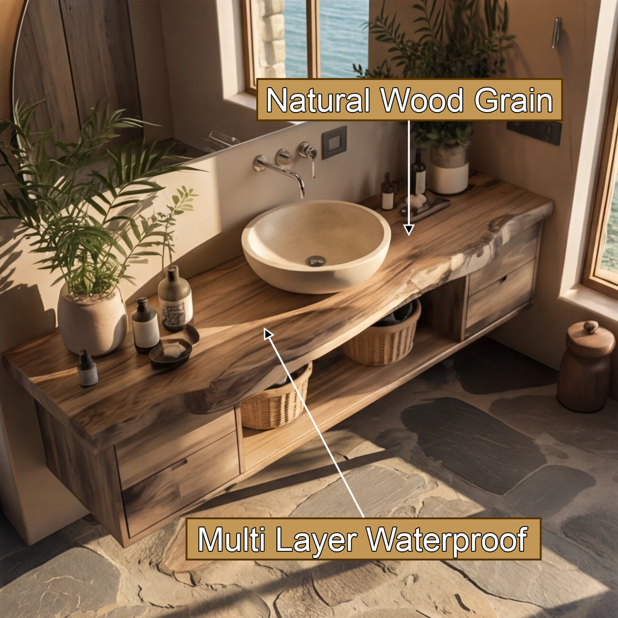 Aurea Flow Solid Wood Floating Bathroom Vanity with Drawers - Timberustic Floating Bathroom Vanity With Drawers