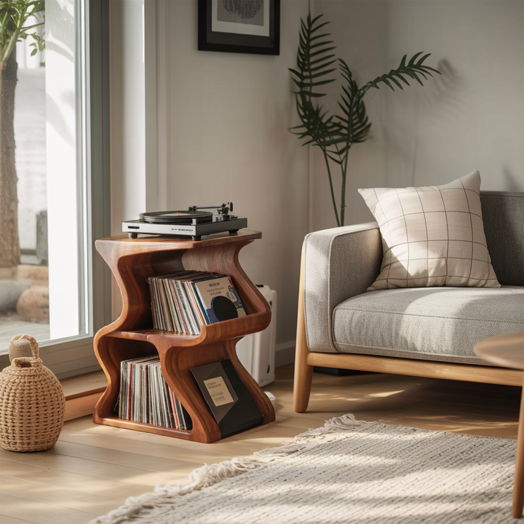 Aurea Wave Sculptural Solid Wood Record Player Stand - Timberustic Record Player Stand With Storage