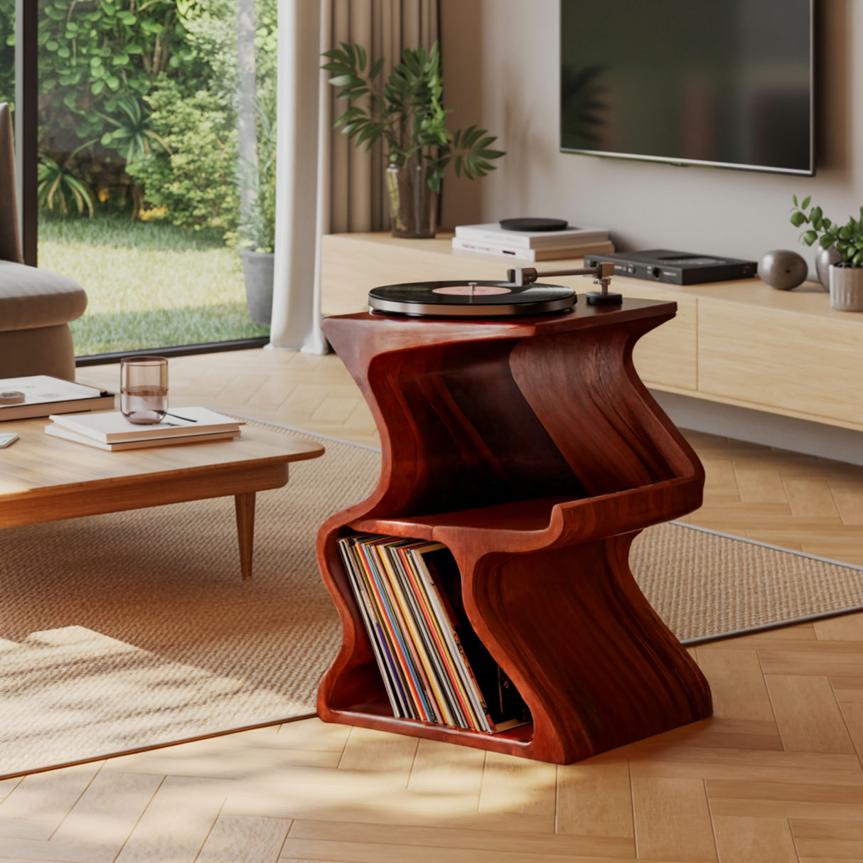 Aurea Wave Sculptural Solid Wood Record Player Stand - Timberustic Record Player Stand With Storage