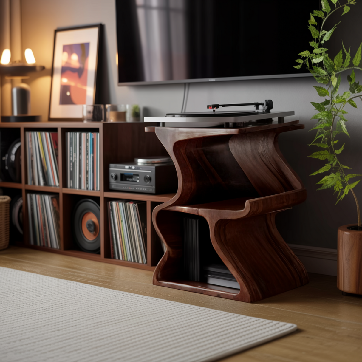 Aurea Wave Sculptural Solid Wood Record Player Stand - Timberustic Record Player Stand With Storage