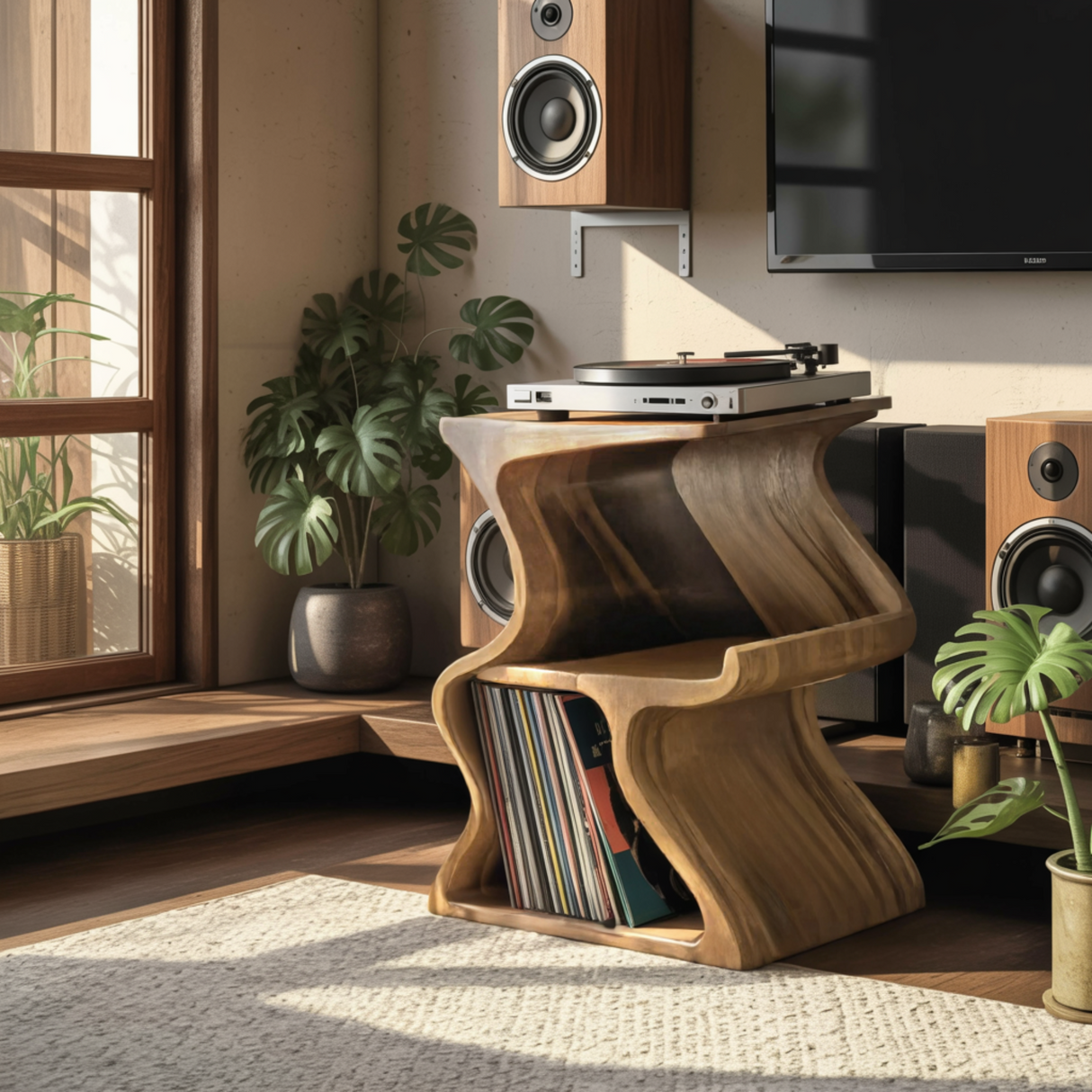 Aurea Wave Sculptural Solid Wood Record Player Stand - Timberustic Record Player Stand With Storage