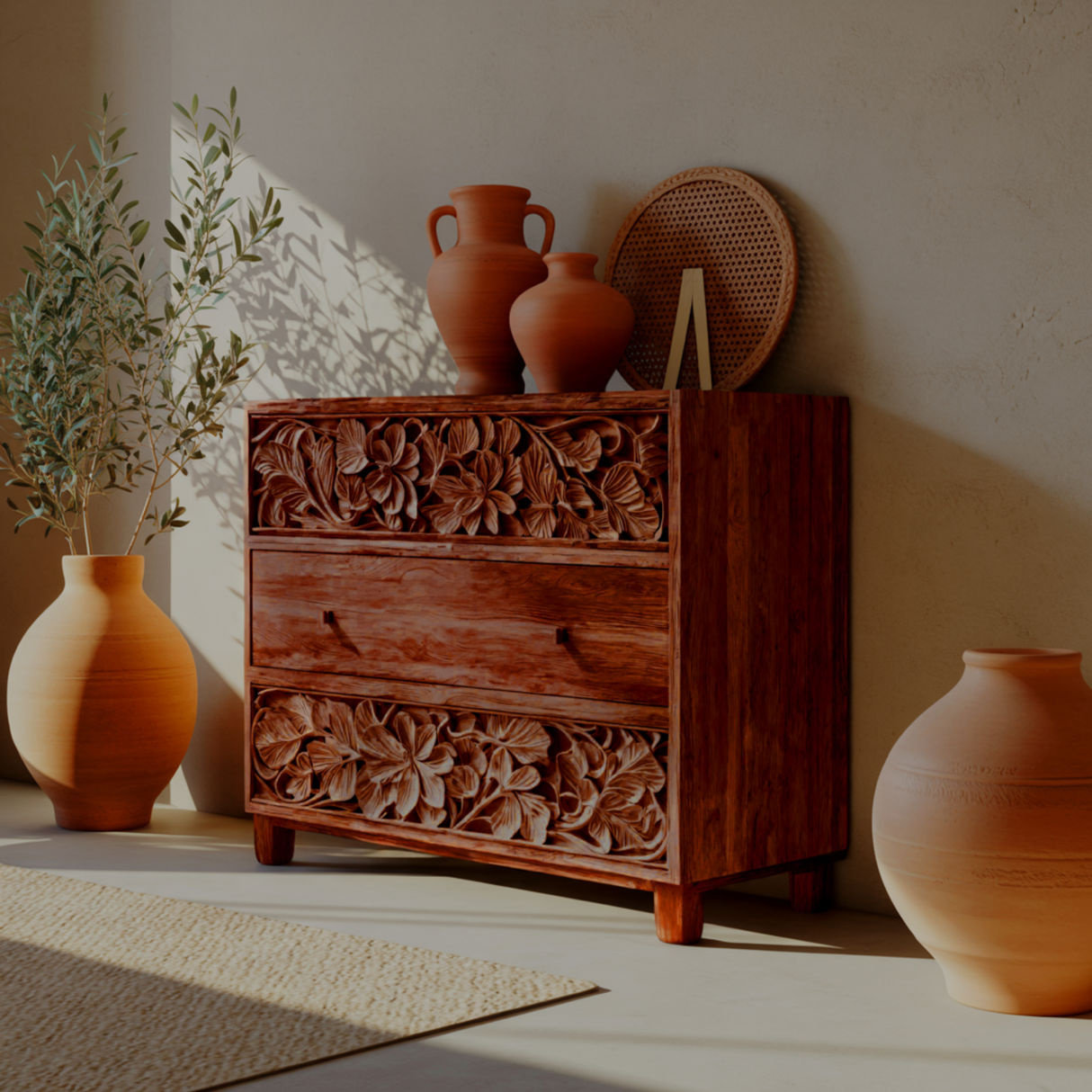 Aurelin Carve Solid Wood Dresser Cabinet - Timberustic Sideboard Cabinet