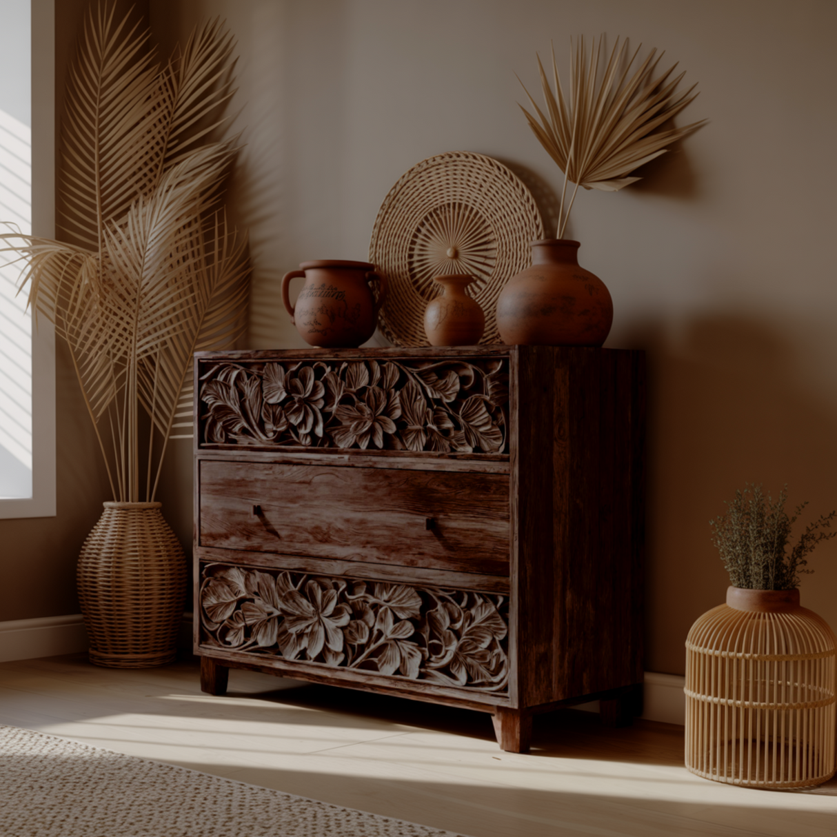 Aurelin Carve Solid Wood Dresser Cabinet - Timberustic Sideboard Cabinet