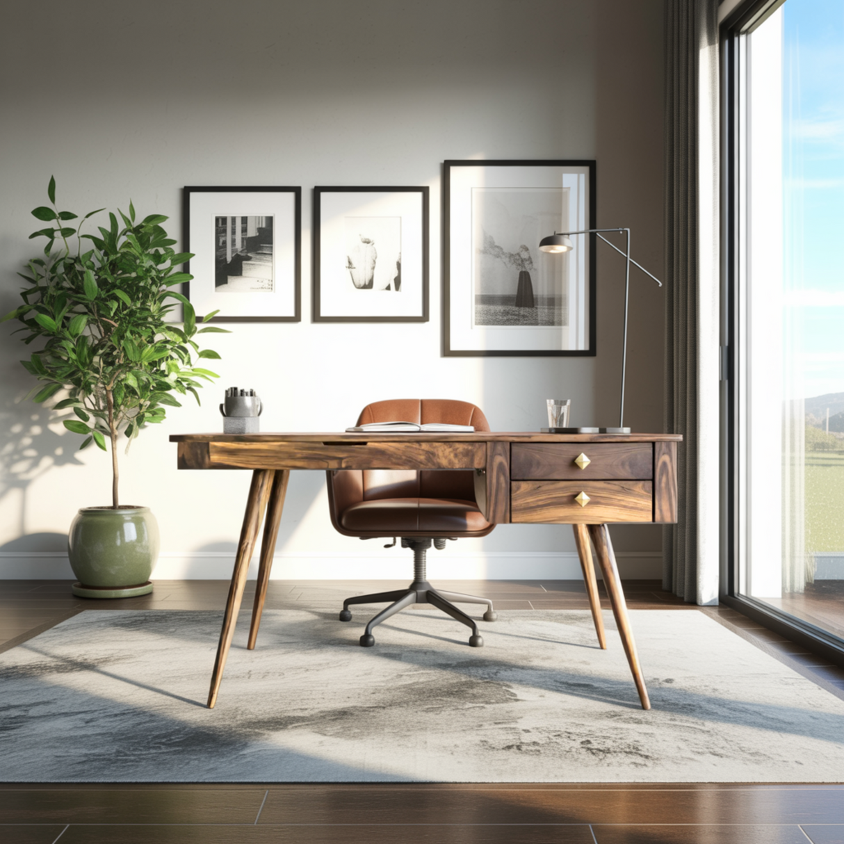 Aurelin Mid-Century Solid Wood Desk with Drawers