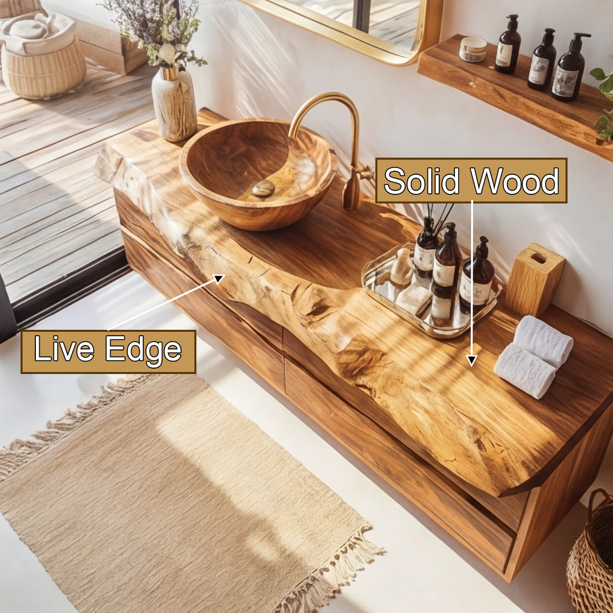 Aurelin Tide Live Edge Floating Bathroom Vanity with Drawers - Timberustic Floating Bathroom Vanity With Drawers