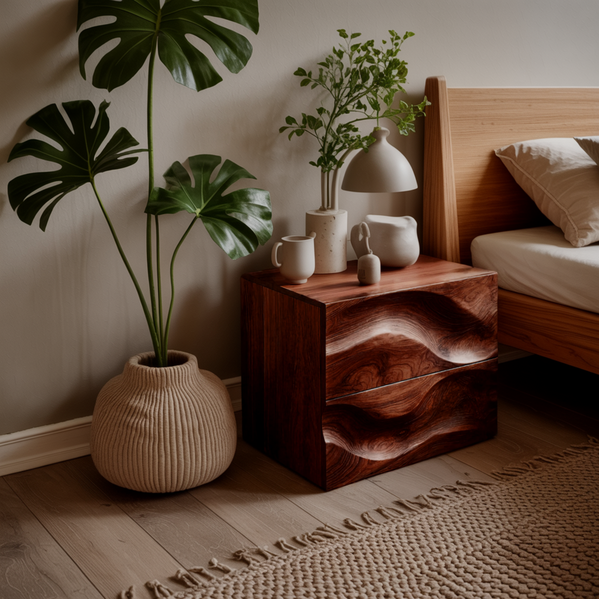 Aurelin Wave Handcrafted Wood Bedside Table