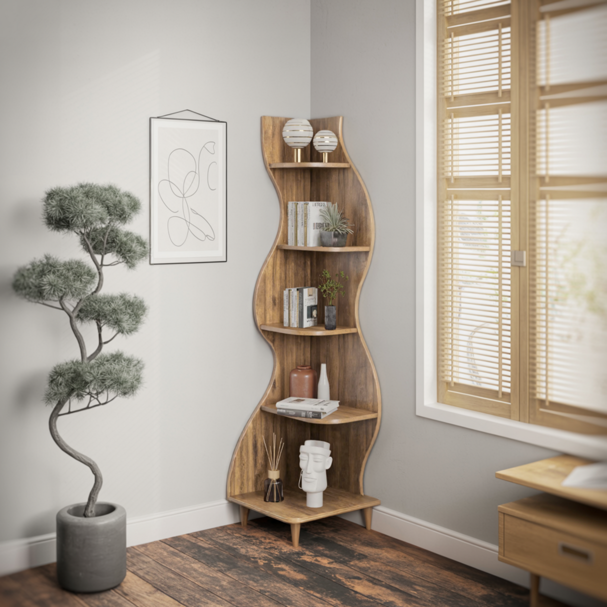 Aurelin Wave Solid Wood Corner Bookshelf