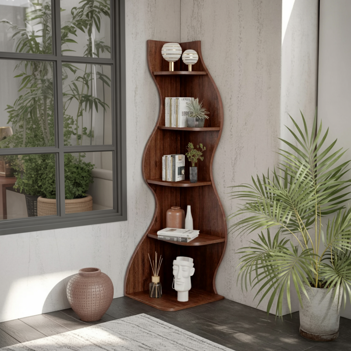 Aurelin Wave Solid Wood Corner Bookshelf