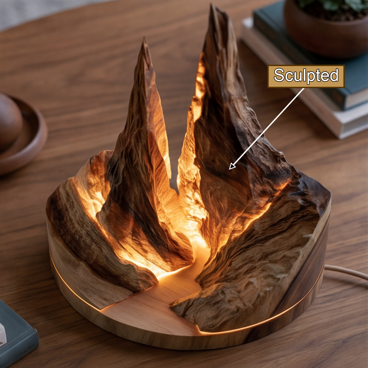 Aurelith Sculpted Solid Wood Mountain Table Lamp