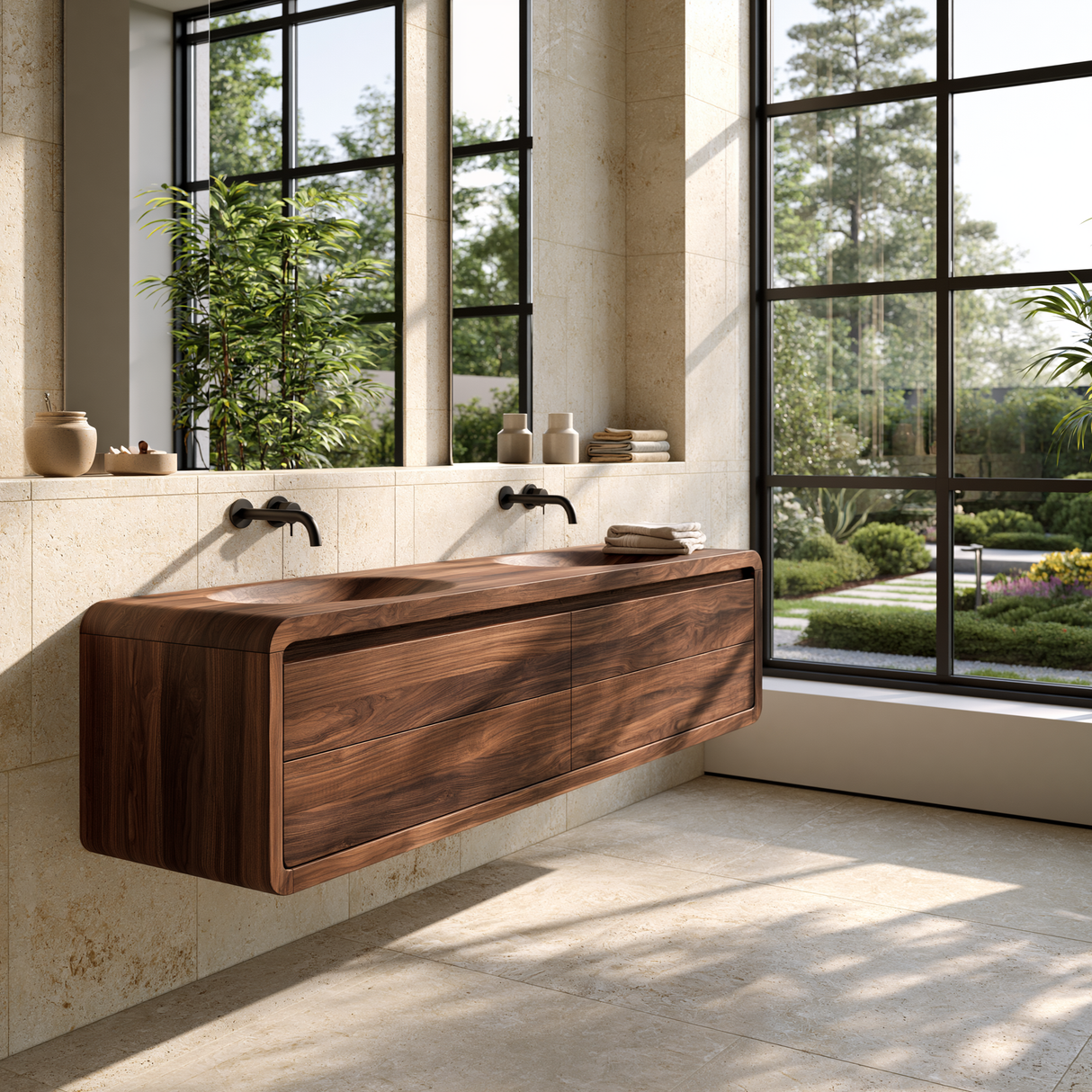 Aurelune Sculpted Solid Wood Floating Bathroom Vanity with Integrated Sinks and Drawers