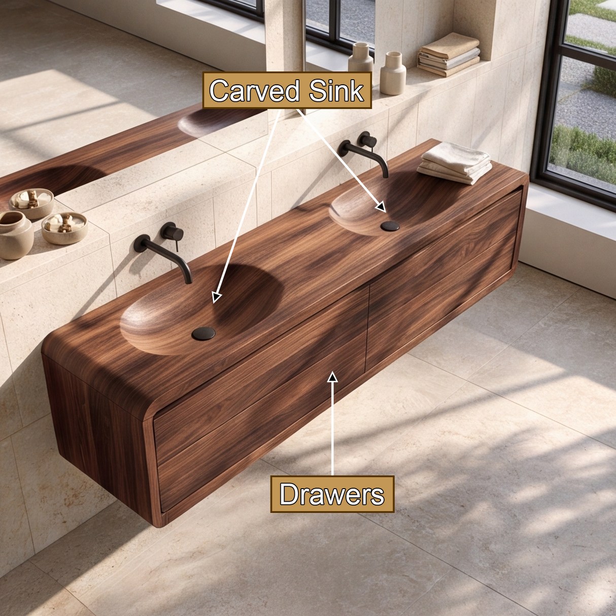 Aurelune Sculpted Solid Wood Floating Bathroom Vanity with Integrated Sinks and Drawers