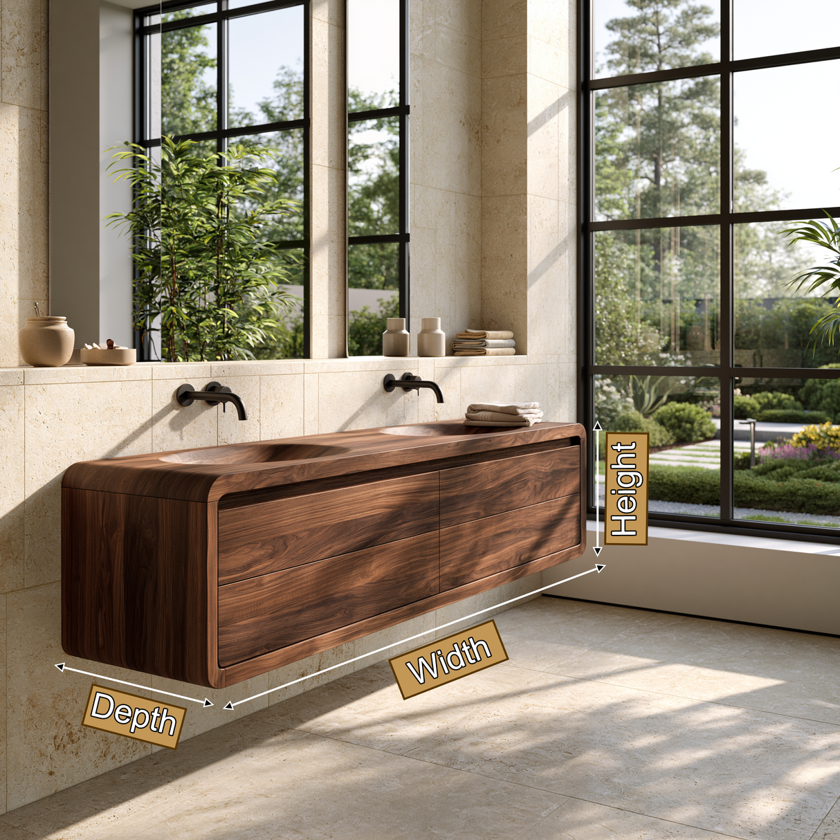 Aurelune Sculpted Solid Wood Floating Bathroom Vanity with Integrated Sinks and Drawers