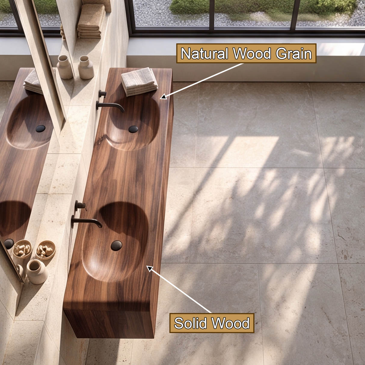 Aurelune Sculpted Solid Wood Floating Bathroom Vanity with Integrated Sinks and Drawers