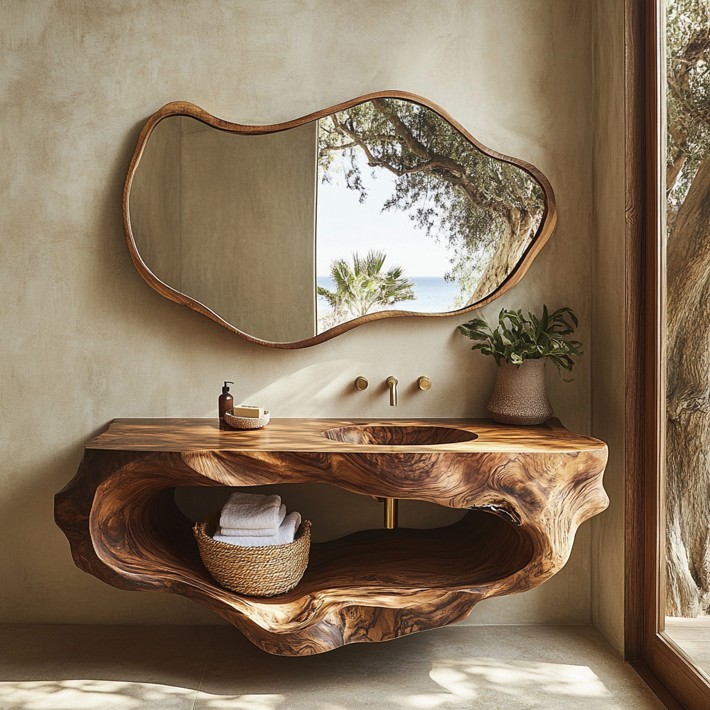Aureva Sculpted Solid Wood Floating Bathroom Vanity with Integrated Sink and Open Storage - Timberustic Floating Bathroom Vanity with Integrated Sink and Open Storage
