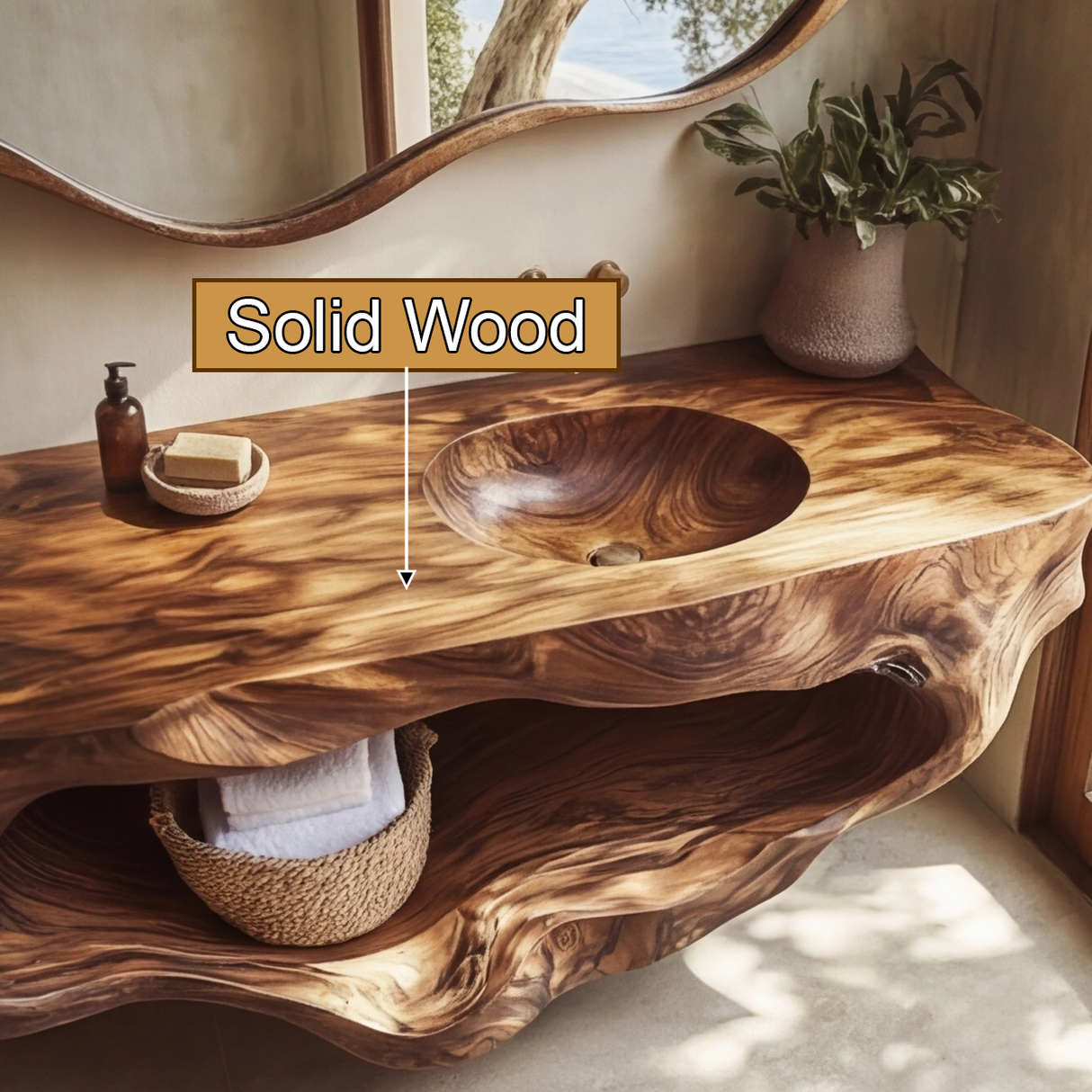 Aureva Sculpted Solid Wood Floating Bathroom Vanity with Integrated Sink and Open Storage - Timberustic Floating Bathroom Vanity with Integrated Sink and Open Storage
