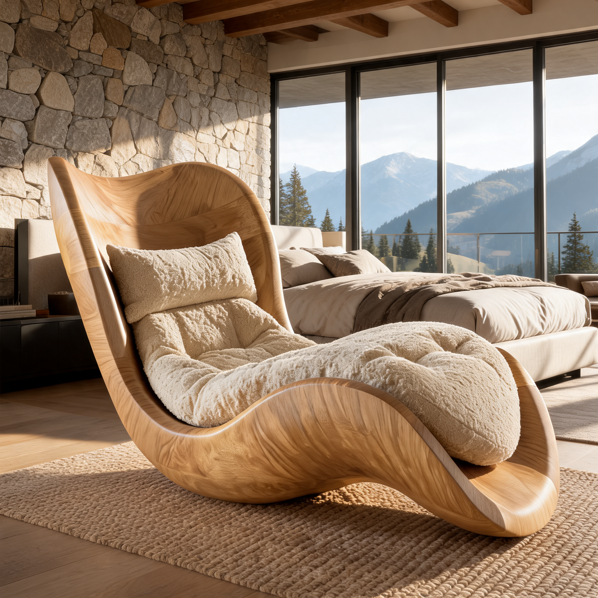 Aurevista Handcrafted Sculpted Solid Wood Chaise Lounge