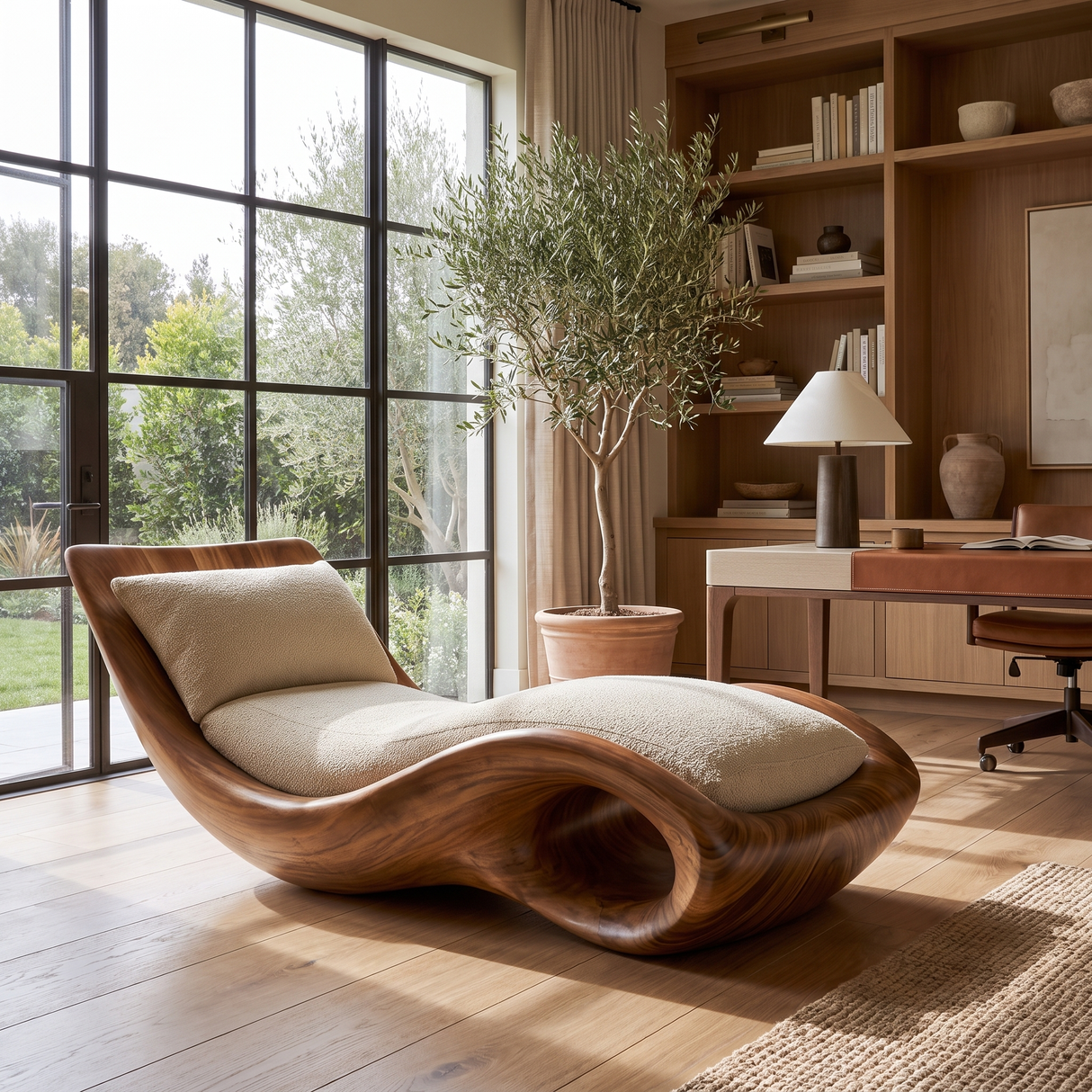 Aurevon Handcrafted Sculpted Solid Wood Chaise Lounge