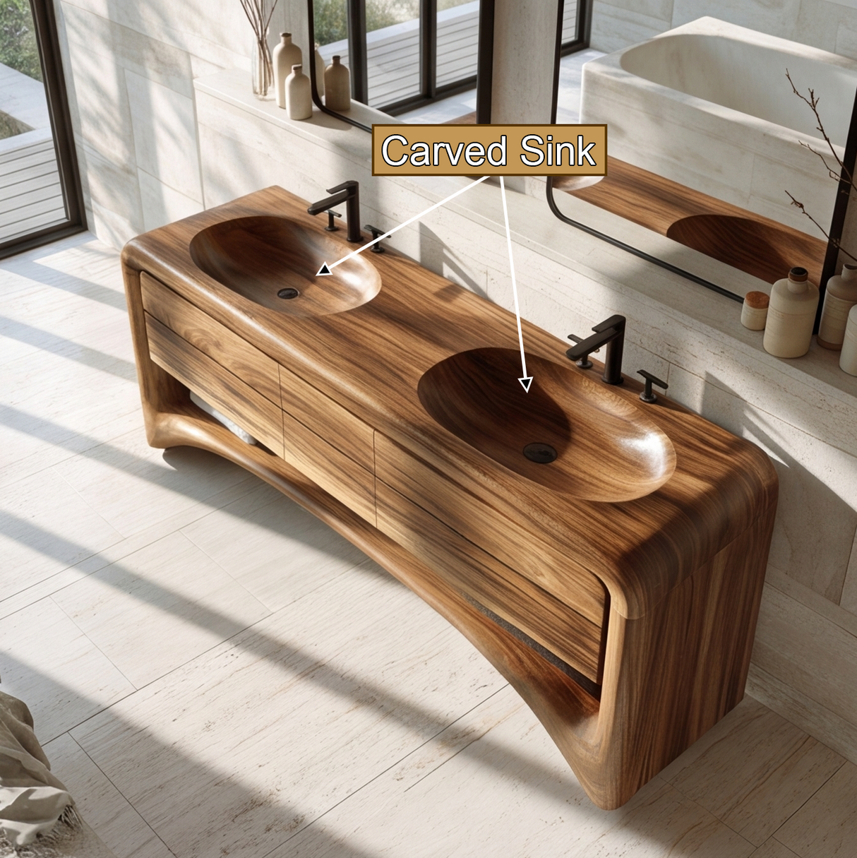 Aurevon Handcrafted Solid Wood Freestanding Bathroom Vanity with Integrated Sinks and Drawers