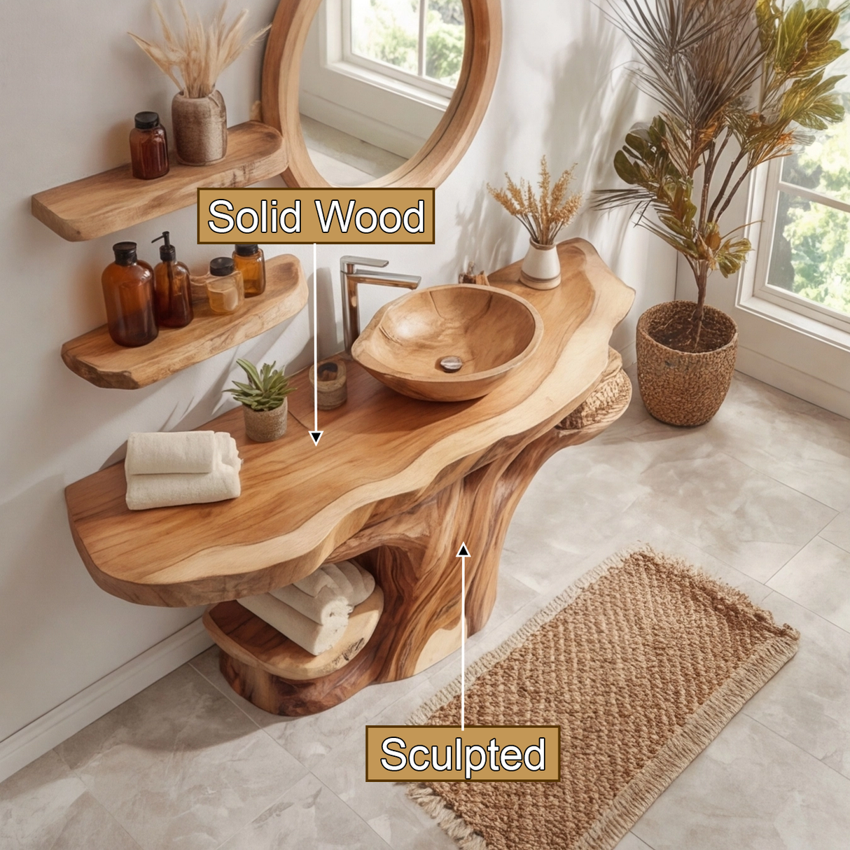 Avenor Live Edge Solid Wood Bathroom Vanity with Shelves - Timberustic Freestanding Bathroom Vanity with Shelves