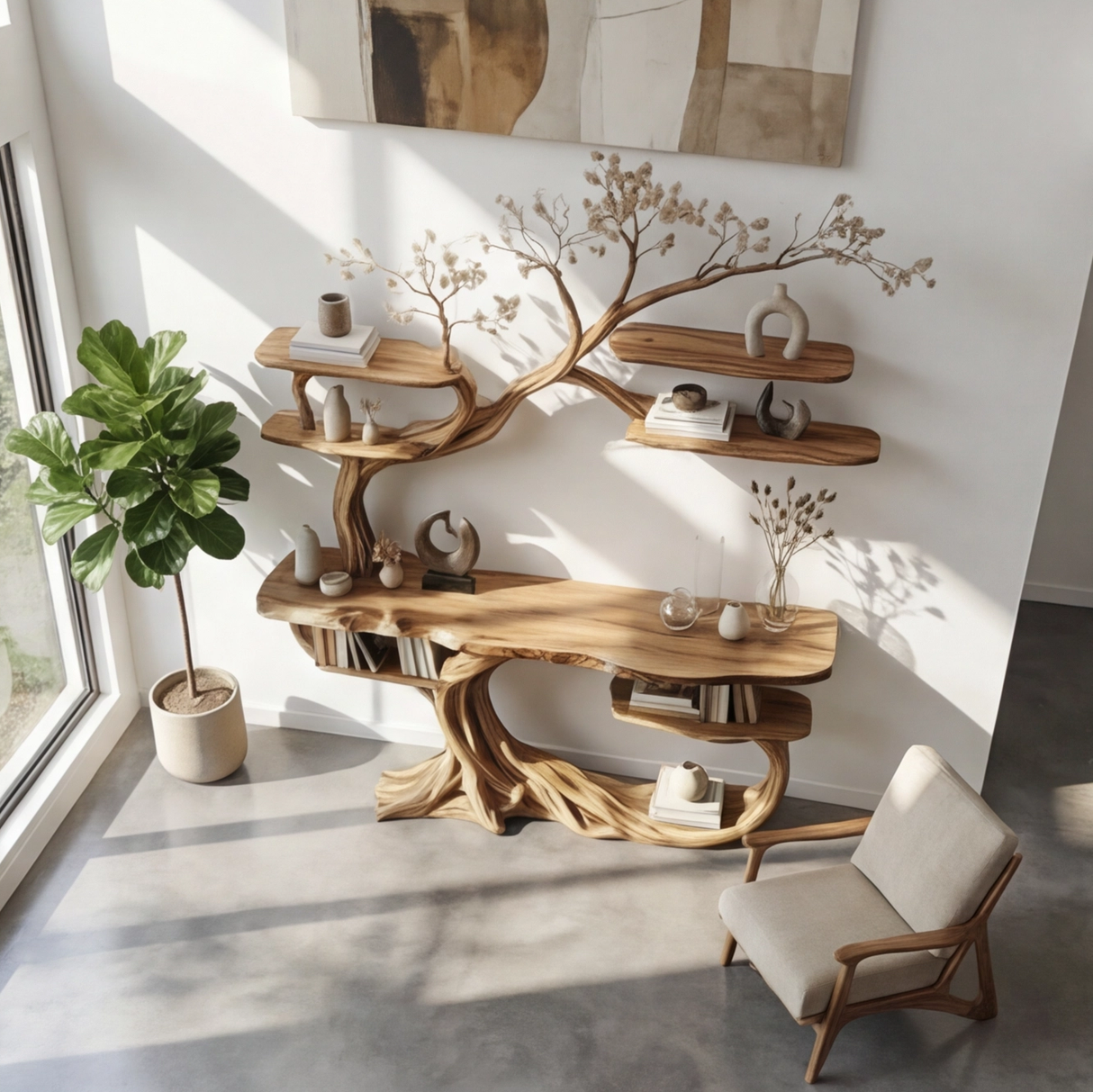 Averra Sculpted Solid Wood Console Table with Shelves - Timberustic Console Table with Shelves